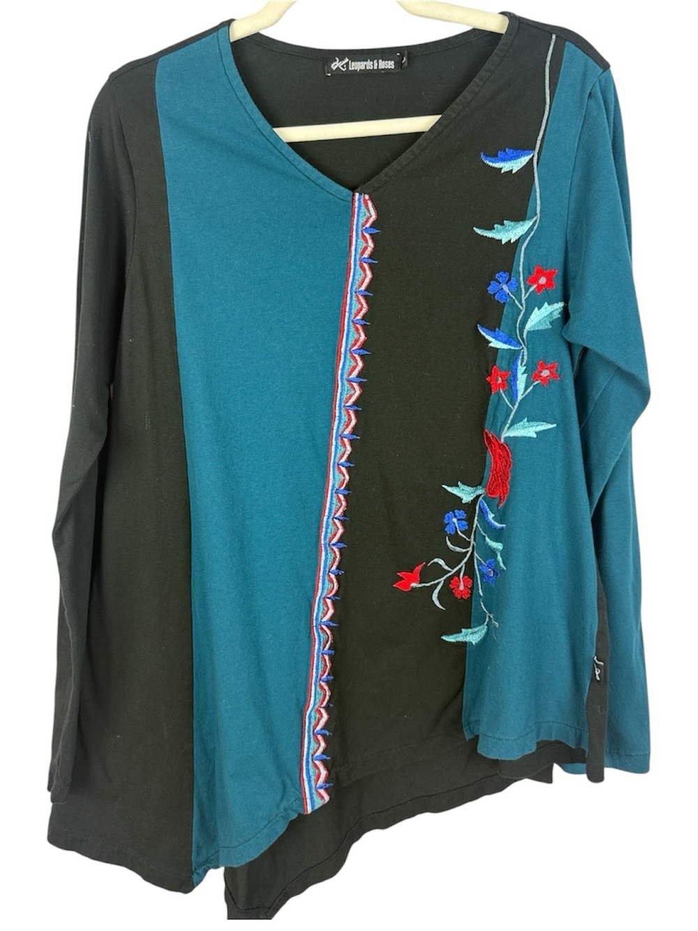 Leopards & Roses Cotton Embroidered Colorblock Asymmetric Long Sleeve Top L